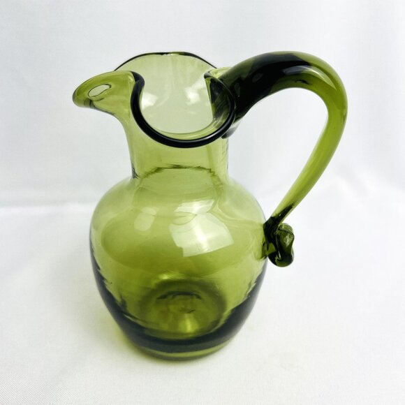 Mid Century Hand Blown Avocado Green Glass Mini Pitcher Vintage Creamer 6” high - Picture 1 of 8